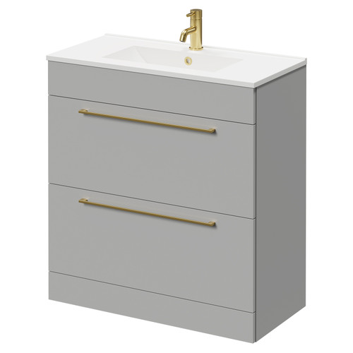 Napoli Gloss Grey Pearl 800mm Floor Standing Vanity Unit with 1 Tap Hole Minimalist Basin and 2 Drawers with Brushed Brass Handles Right Hand View
