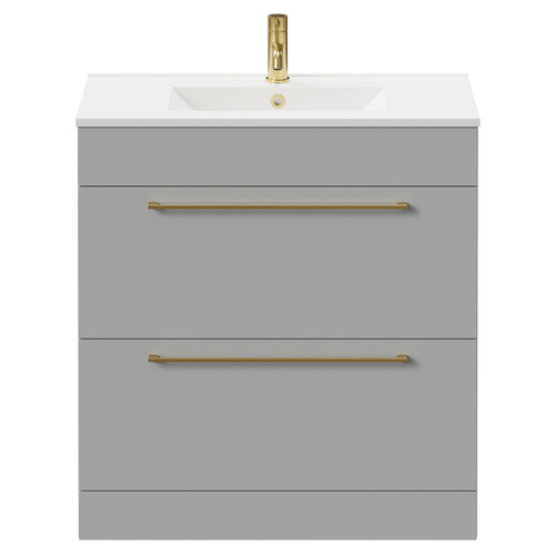 Napoli Gloss Grey Pearl 800mm Floor Standing Vanity Unit with 1 Tap Hole Minimalist Basin and 2 Drawers with Brushed Brass Handles Front View