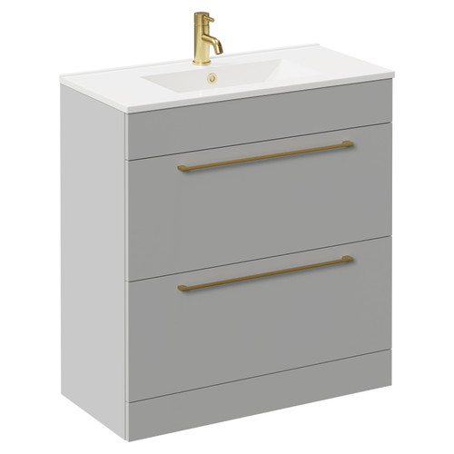 Napoli Gloss Grey Pearl 800mm Floor Standing Vanity Unit with 1 Tap Hole Minimalist Basin and 2 Drawers with Brushed Brass Handles Left Hand View