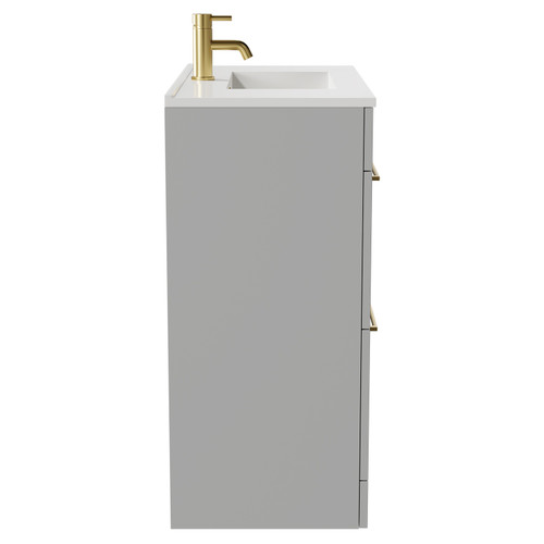 Napoli Gloss Grey Pearl 800mm Floor Standing Vanity Unit with 1 Tap Hole Minimalist Basin and 2 Drawers with Brushed Brass Handles Side View
