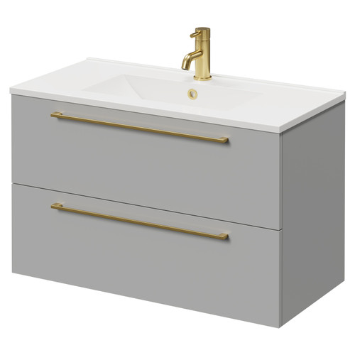 Napoli Gloss Grey Pearl 800mm Wall Mounted Vanity Unit with 1 Tap Hole Minimalist Basin and 2 Drawers with Brushed Brass Handles Right Hand View