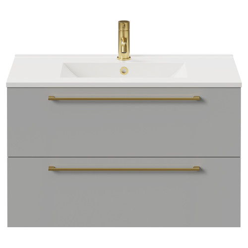 Napoli Gloss Grey Pearl 800mm Wall Mounted Vanity Unit with 1 Tap Hole Minimalist Basin and 2 Drawers with Brushed Brass Handles Front View