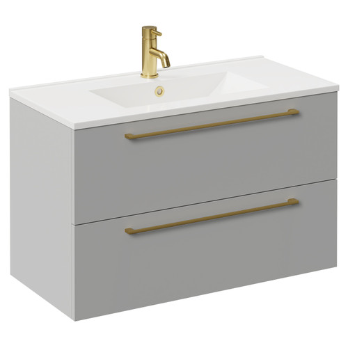 Napoli Gloss Grey Pearl 800mm Wall Mounted Vanity Unit with 1 Tap Hole Minimalist Basin and 2 Drawers with Brushed Brass Handles Left Hand View