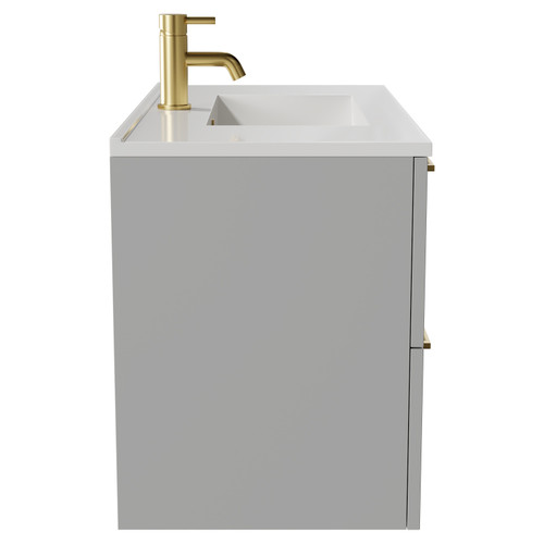 Napoli Gloss Grey Pearl 800mm Wall Mounted Vanity Unit with 1 Tap Hole Minimalist Basin and 2 Drawers with Brushed Brass Handles Side View