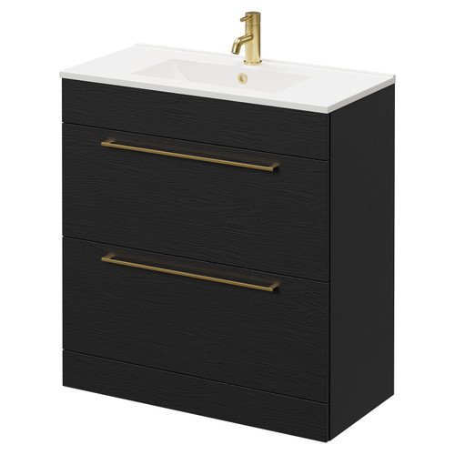 Napoli Nero Oak 800mm Floor Standing Vanity Unit with 1 Tap Hole Minimalist Basin and 2 Drawers with Brushed Brass Handles Right Hand View