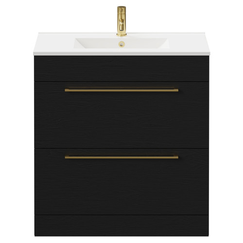 Napoli Nero Oak 800mm Floor Standing Vanity Unit with 1 Tap Hole Minimalist Basin and 2 Drawers with Brushed Brass Handles Front View