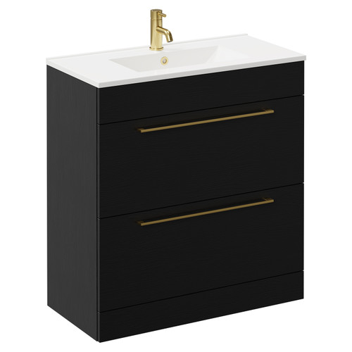 Napoli Nero Oak 800mm Floor Standing Vanity Unit with 1 Tap Hole Minimalist Basin and 2 Drawers with Brushed Brass Handles Left Hand View
