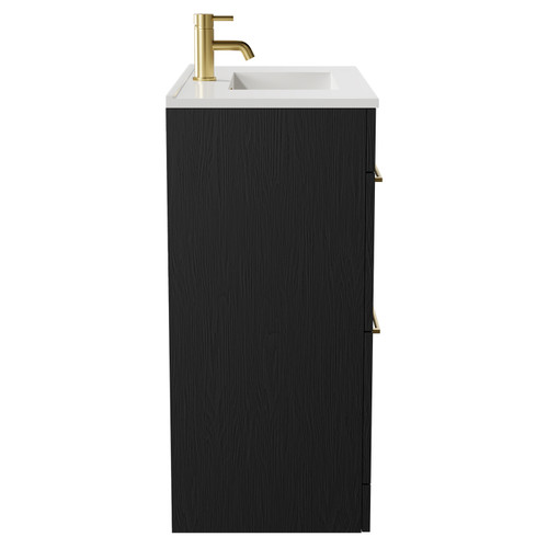 Napoli Nero Oak 800mm Floor Standing Vanity Unit with 1 Tap Hole Minimalist Basin and 2 Drawers with Brushed Brass Handles Side View