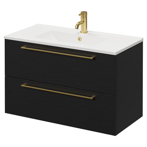 Napoli Nero Oak 800mm Wall Mounted Vanity Unit with 1 Tap Hole Minimalist Basin and 2 Drawers with Brushed Brass Handles Right Hand View