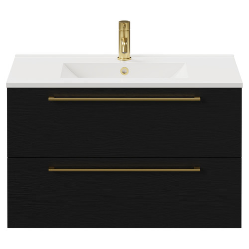 Napoli Nero Oak 800mm Wall Mounted Vanity Unit with 1 Tap Hole Minimalist Basin and 2 Drawers with Brushed Brass Handles Front View