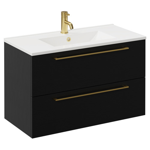 Napoli Nero Oak 800mm Wall Mounted Vanity Unit with 1 Tap Hole Minimalist Basin and 2 Drawers with Brushed Brass Handles Left Hand View