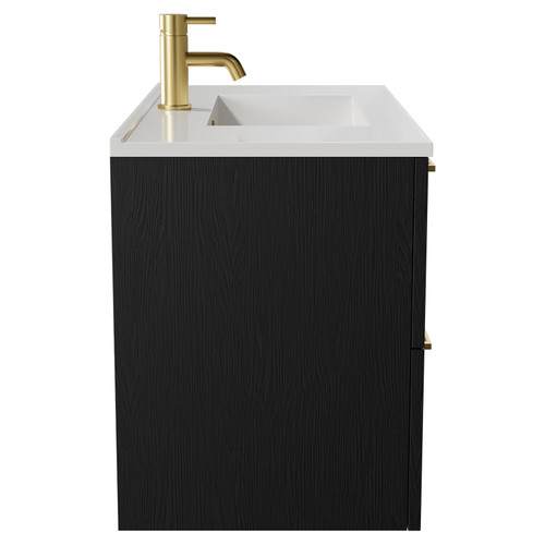 Napoli Nero Oak 800mm Wall Mounted Vanity Unit with 1 Tap Hole Minimalist Basin and 2 Drawers with Brushed Brass Handles Side View