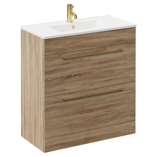 Napoli Bordalino Oak 800mm Floor Standing Vanity Unit with 1 Tap Hole Minimalist Basin and 2 Drawers with Brushed Brass Handles Left Hand View