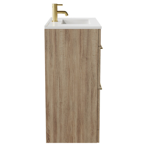 Napoli Bordalino Oak 800mm Floor Standing Vanity Unit with 1 Tap Hole Minimalist Basin and 2 Drawers with Brushed Brass Handles Side View