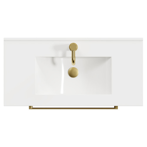 Napoli Bordalino Oak 800mm Floor Standing Vanity Unit with 1 Tap Hole Minimalist Basin and 2 Drawers with Brushed Brass Handles View from Top