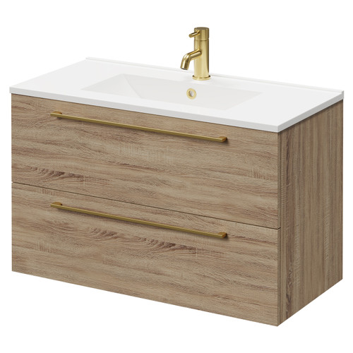 Napoli Bordalino Oak 800mm Wall Mounted Vanity Unit with 1 Tap Hole Minimalist Basin and 2 Drawers with Brushed Brass Handles Right Hand View