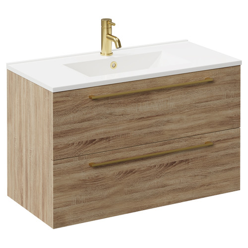 Napoli Bordalino Oak 800mm Wall Mounted Vanity Unit with 1 Tap Hole Minimalist Basin and 2 Drawers with Brushed Brass Handles Left Hand View