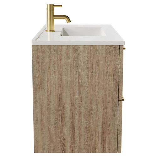 Napoli Bordalino Oak 800mm Wall Mounted Vanity Unit with 1 Tap Hole Minimalist Basin and 2 Drawers with Brushed Brass Handles Side View