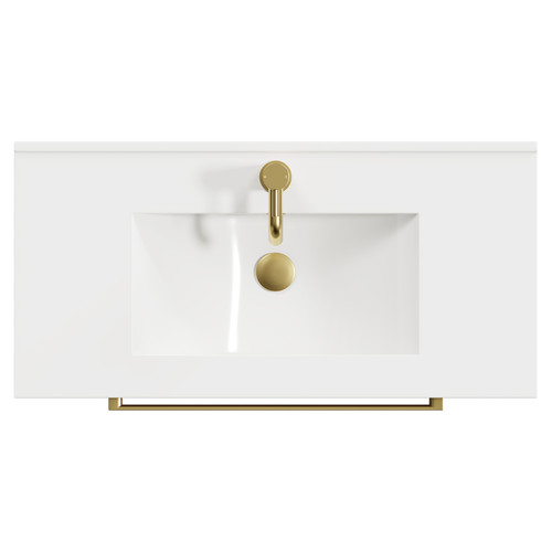 Napoli Bordalino Oak 800mm Wall Mounted Vanity Unit with 1 Tap Hole Minimalist Basin and 2 Drawers with Brushed Brass Handles View from Top