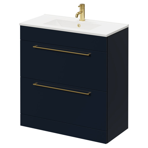 Napoli Deep Blue 800mm Floor Standing Vanity Unit with 1 Tap Hole Minimalist Basin and 2 Drawers with Brushed Brass Handles Right Hand View