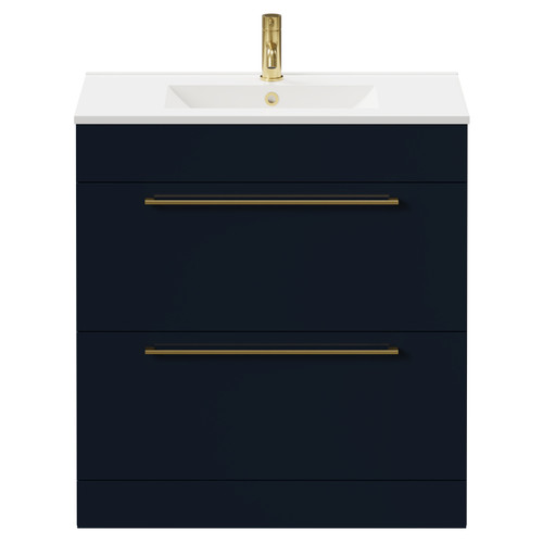 Napoli Deep Blue 800mm Floor Standing Vanity Unit with 1 Tap Hole Minimalist Basin and 2 Drawers with Brushed Brass Handles Front View