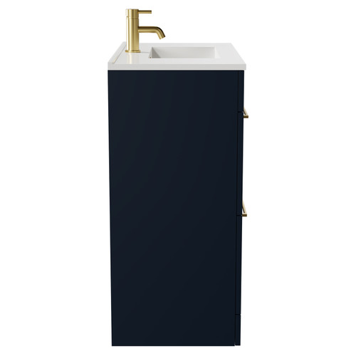 Napoli Deep Blue 800mm Floor Standing Vanity Unit with 1 Tap Hole Minimalist Basin and 2 Drawers with Brushed Brass Handles Side View