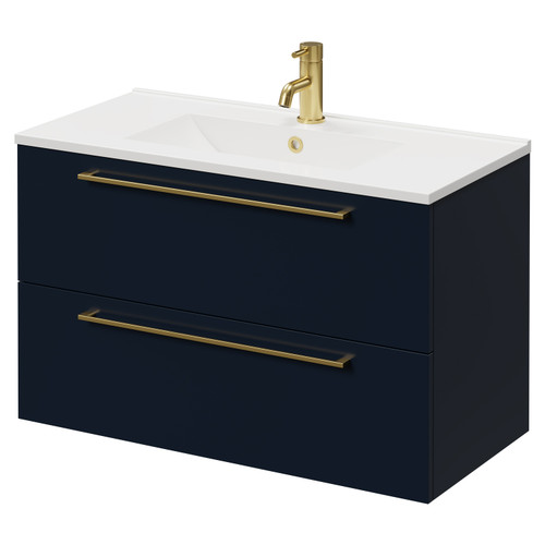 Napoli Deep Blue 800mm Wall Mounted Vanity Unit with 1 Tap Hole Minimalist Basin and 2 Drawers with Brushed Brass Handles Right Hand View