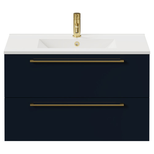 Napoli Deep Blue 800mm Wall Mounted Vanity Unit with 1 Tap Hole Minimalist Basin and 2 Drawers with Brushed Brass Handles Front View