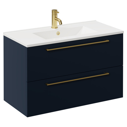 Napoli Deep Blue 800mm Wall Mounted Vanity Unit with 1 Tap Hole Minimalist Basin and 2 Drawers with Brushed Brass Handles Left Hand View