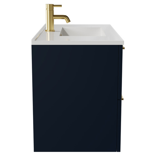 Napoli Deep Blue 800mm Wall Mounted Vanity Unit with 1 Tap Hole Minimalist Basin and 2 Drawers with Brushed Brass Handles Side View