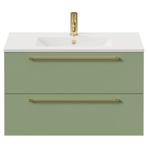 Napoli Olive Green 800mm Wall Mounted Vanity Unit with 1 Tap Hole Minimalist Basin and 2 Drawers with Brushed Brass Handles Front View