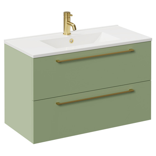 Napoli Olive Green 800mm Wall Mounted Vanity Unit with 1 Tap Hole Minimalist Basin and 2 Drawers with Brushed Brass Handles Left Hand View
