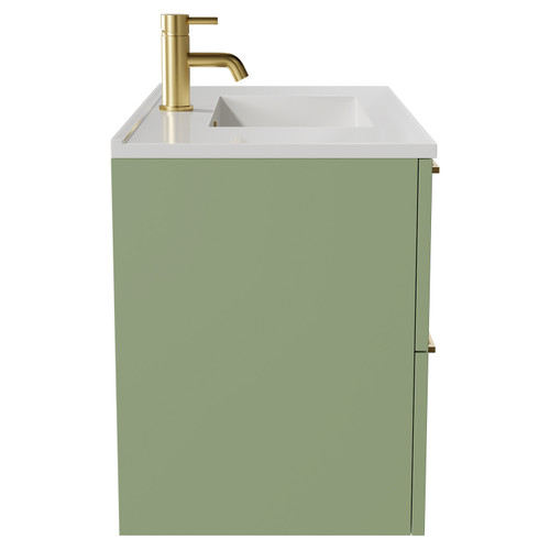 Napoli Olive Green 800mm Wall Mounted Vanity Unit with 1 Tap Hole Minimalist Basin and 2 Drawers with Brushed Brass Handles Side View
