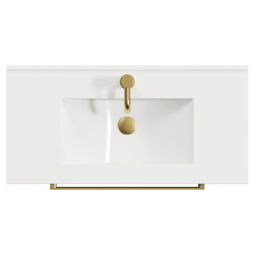 Napoli Olive Green 800mm Wall Mounted Vanity Unit with 1 Tap Hole Minimalist Basin and 2 Drawers with Brushed Brass Handles View from Top