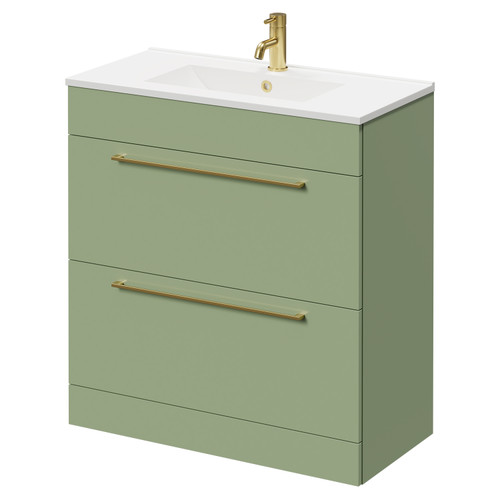 Napoli Olive Green 800mm Floor Standing Vanity Unit with 1 Tap Hole Minimalist Basin and 2 Drawers with Brushed Brass Handles Right Hand View