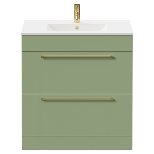 Napoli Olive Green 800mm Floor Standing Vanity Unit with 1 Tap Hole Minimalist Basin and 2 Drawers with Brushed Brass Handles Front View