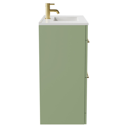 Napoli Olive Green 800mm Floor Standing Vanity Unit with 1 Tap Hole Minimalist Basin and 2 Drawers with Brushed Brass Handles Side View