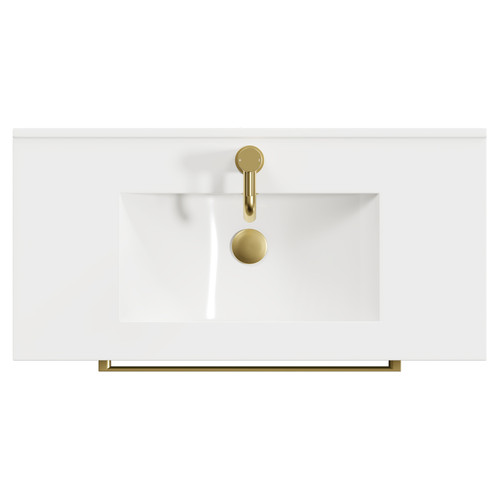 Napoli Olive Green 800mm Floor Standing Vanity Unit with 1 Tap Hole Minimalist Basin and 2 Drawers with Brushed Brass Handles View from Top