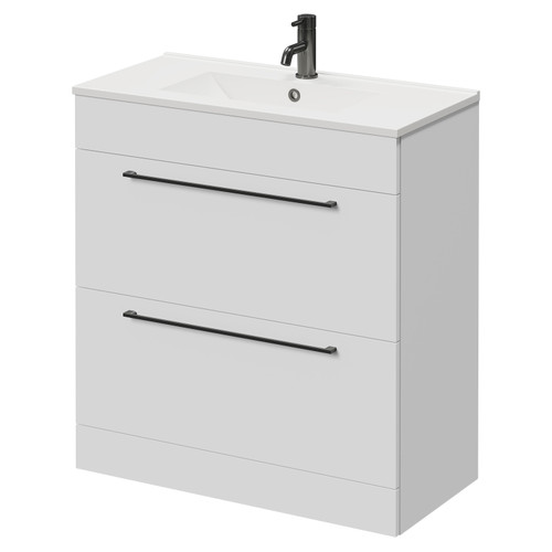 Napoli Gloss White 800mm Floor Standing Vanity Unit with 1 Tap Hole Minimalist Basin and 2 Drawers with Gunmetal Grey Handles Right Hand View