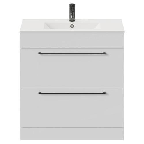 Napoli Gloss White 800mm Floor Standing Vanity Unit with 1 Tap Hole Minimalist Basin and 2 Drawers with Gunmetal Grey Handles Front View