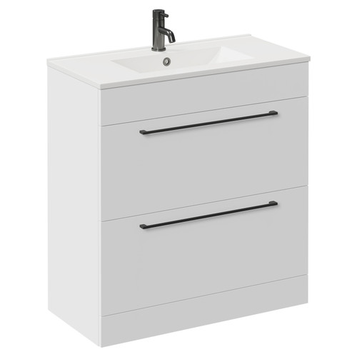 Napoli Gloss White 800mm Floor Standing Vanity Unit with 1 Tap Hole Minimalist Basin and 2 Drawers with Gunmetal Grey Handles Left Hand View