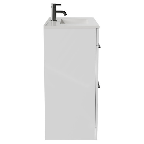 Napoli Gloss White 800mm Floor Standing Vanity Unit with 1 Tap Hole Minimalist Basin and 2 Drawers with Gunmetal Grey Handles Side View