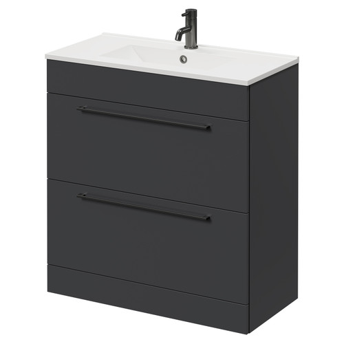 Napoli Gloss Grey 800mm Floor Standing Vanity Unit with 1 Tap Hole Minimalist Basin and 2 Drawers with Gunmetal Grey Handles Right Hand View
