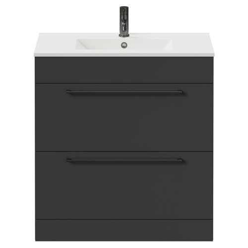 Napoli Gloss Grey 800mm Floor Standing Vanity Unit with 1 Tap Hole Minimalist Basin and 2 Drawers with Gunmetal Grey Handles Front View