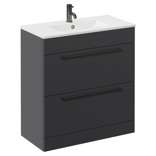 Napoli Gloss Grey 800mm Floor Standing Vanity Unit with 1 Tap Hole Minimalist Basin and 2 Drawers with Gunmetal Grey Handles Left Hand View