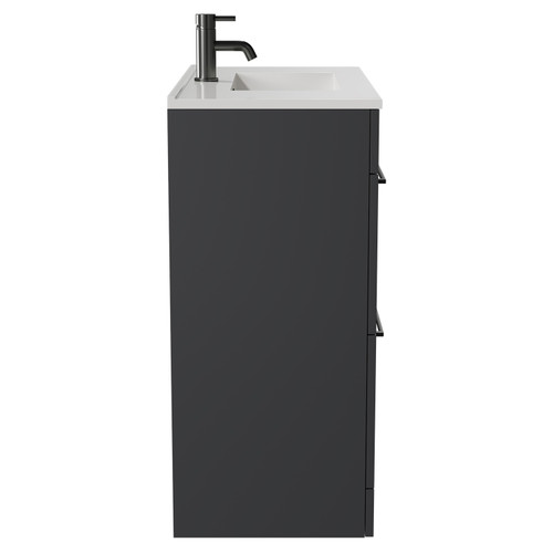 Napoli Gloss Grey 800mm Floor Standing Vanity Unit with 1 Tap Hole Minimalist Basin and 2 Drawers with Gunmetal Grey Handles Side View