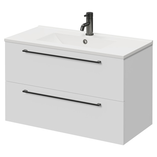 Napoli Gloss White 800mm Wall Mounted Vanity Unit with 1 Tap Hole Minimalist Basin and 2 Drawers with Gunmetal Grey Handles Right Hand View