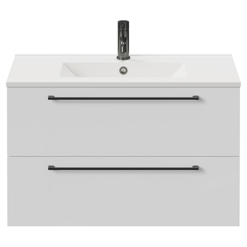 Napoli Gloss White 800mm Wall Mounted Vanity Unit with 1 Tap Hole Minimalist Basin and 2 Drawers with Gunmetal Grey Handles Front View