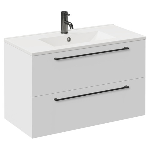 Napoli Gloss White 800mm Wall Mounted Vanity Unit with 1 Tap Hole Minimalist Basin and 2 Drawers with Gunmetal Grey Handles Left Hand View