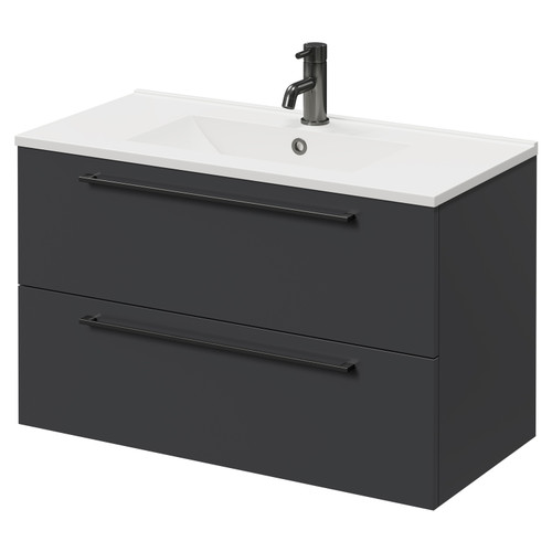 Napoli Gloss Grey 800mm Wall Mounted Vanity Unit with 1 Tap Hole Minimalist Basin and 2 Drawers with Gunmetal Grey Handles Right Hand View